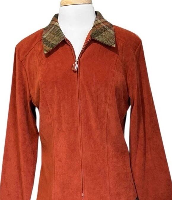 Sag Harbor Jackets & Blazers - Sag Harbor Faux Suede Burnt Orange Plaid Collar Jacket Top Sz 12 Earthy Academia